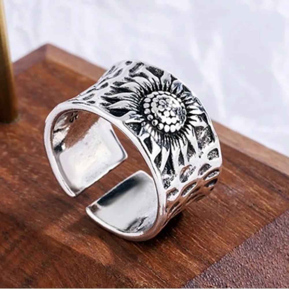 Sterling Silver Sunflower Adjustable Resizable Band Minimalist Ri…